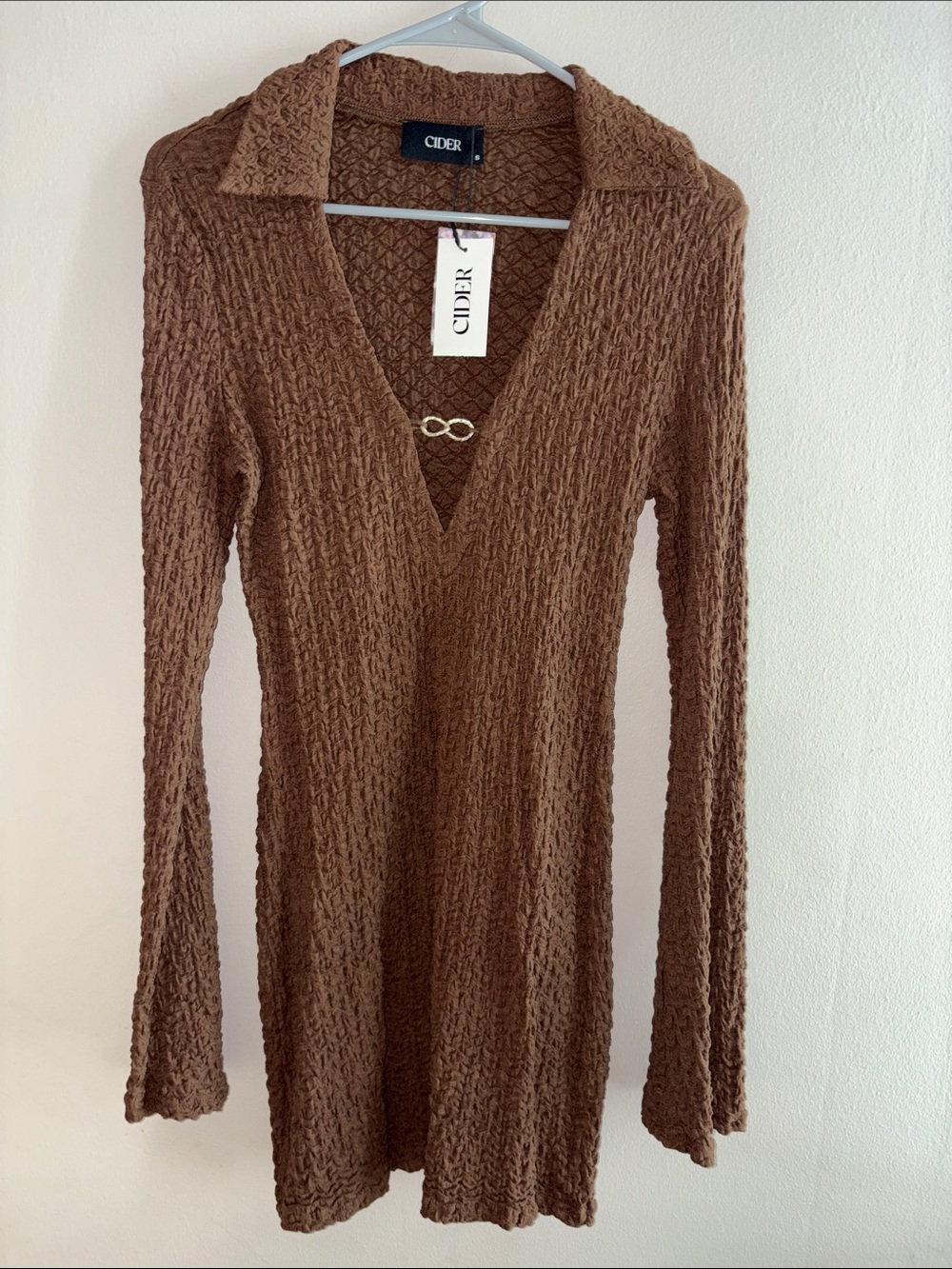 Cider - Chocolate Brown Textured V-Neck Knit Dress